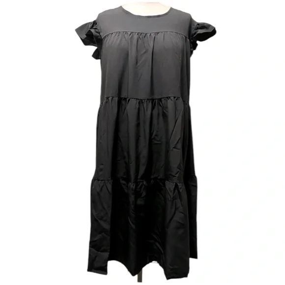 3 LEFT! ❤️ NEW! Black Poplin Tiered Flutter Sleeve Dress - Picture 4 of 9